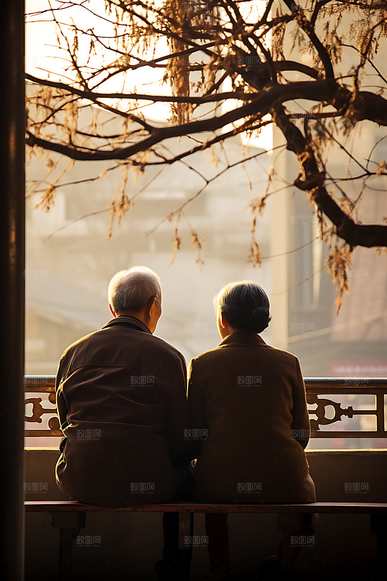 老人背影人物与子偕老摄影图