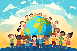 国际友谊扁平风格地球村插画