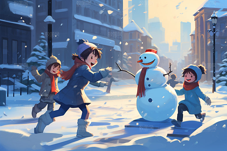 二十四节气下雪人物场景矢量素材