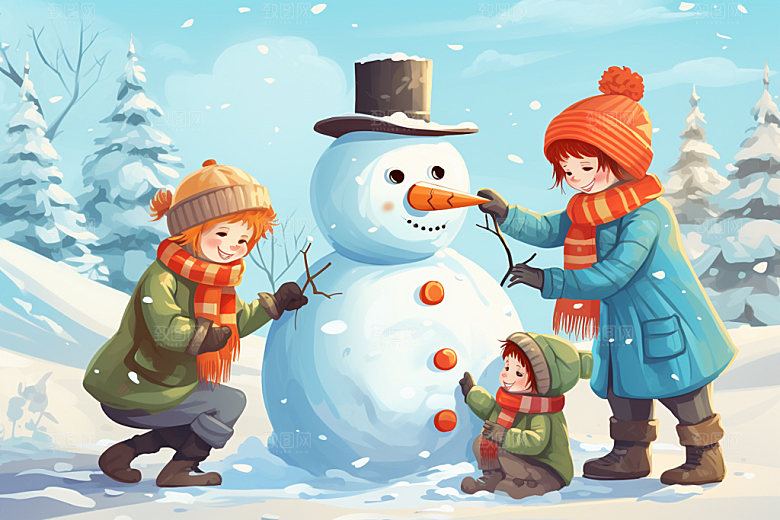 二十四节气堆雪人人物场景矢量素材