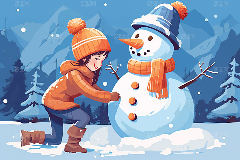 二十四节气堆雪人插画海报矢量素材