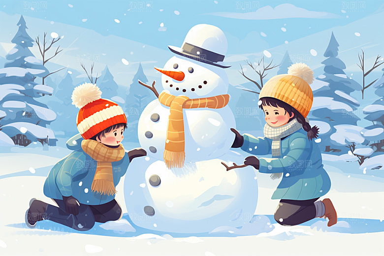 二十四节气冬季冬景堆雪人矢量素材