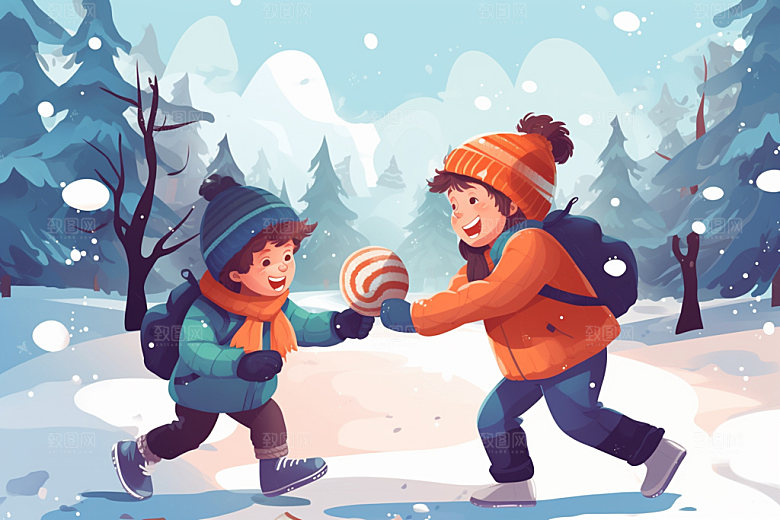 二十四节气下雪人物场景矢量素材