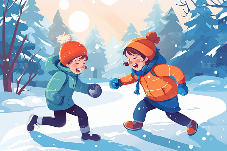 二十四节气堆雪人插画海报矢量素材