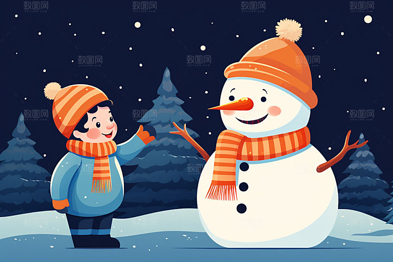 二十四节气人物场景堆雪人矢量素材