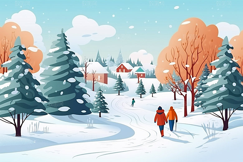 二十四节气人物场景堆雪人矢量素材