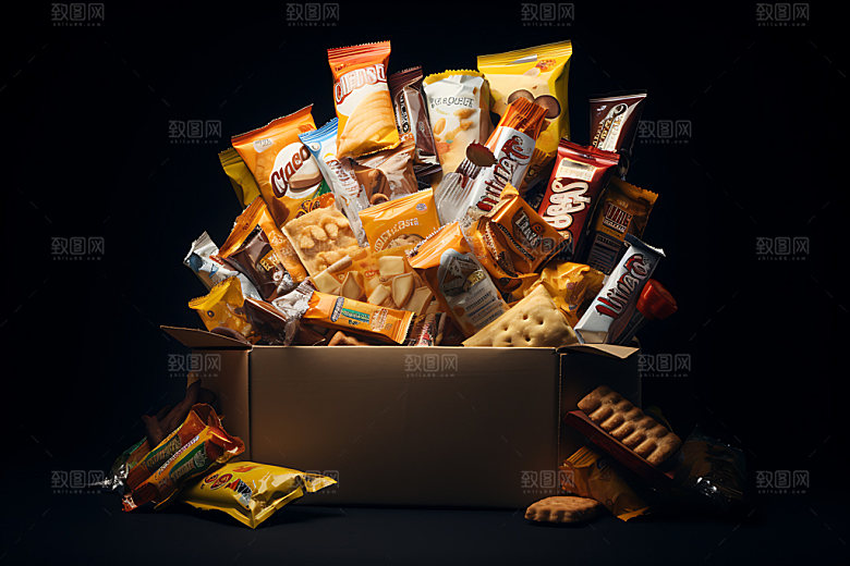 零食堆膨化食品薯片饼干摄影图