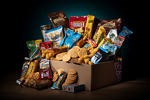 零食堆零食组合膨化食品摄影图