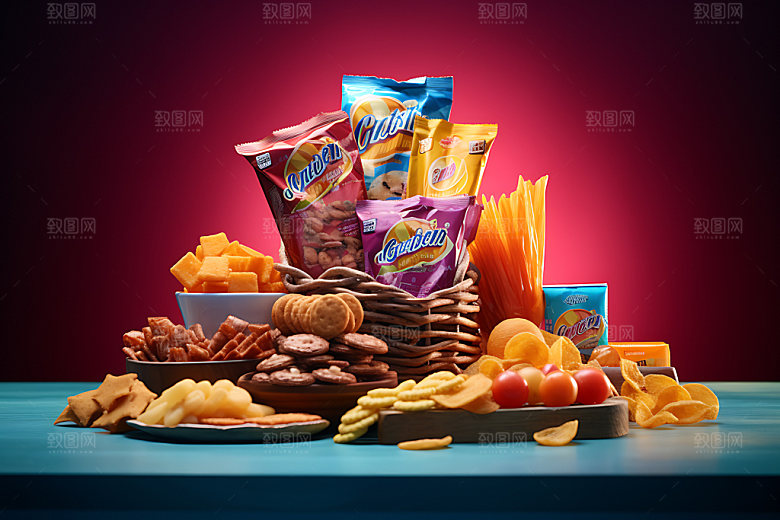 零食堆膨化食品创意摄影图