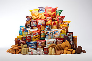 零食堆膨化食品零食组合摄影图