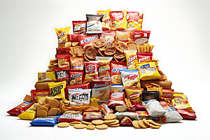 零食堆薯片饼干膨化食品摄影图