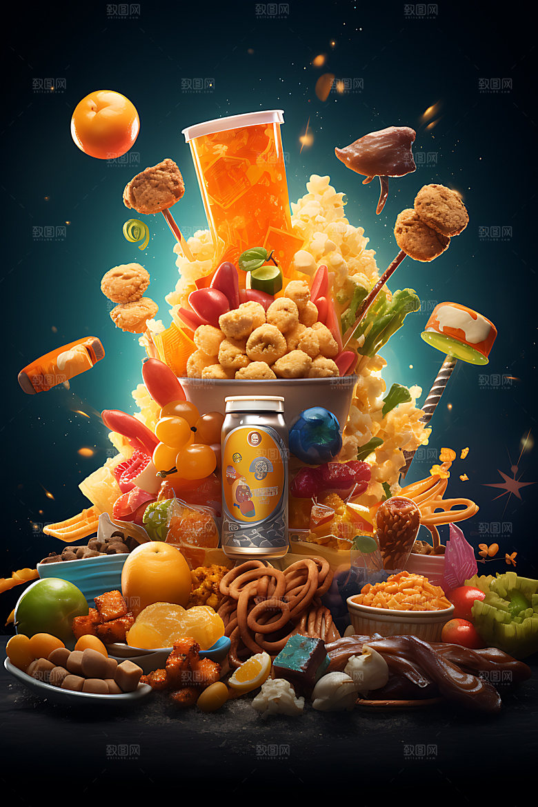 零食堆美食膨化食品摄影图