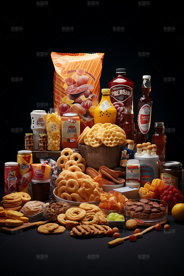 零食堆膨化食品美食摄影图