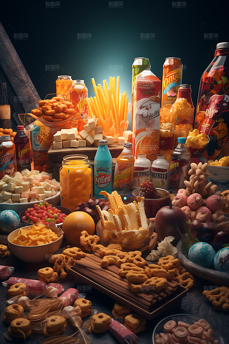零食堆膨化食品薯片饼干摄影图