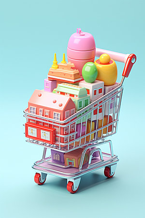 零食购物车超市卡通模型