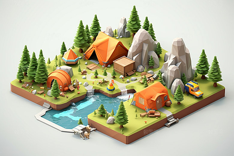 3D游戏地图立体露营模型