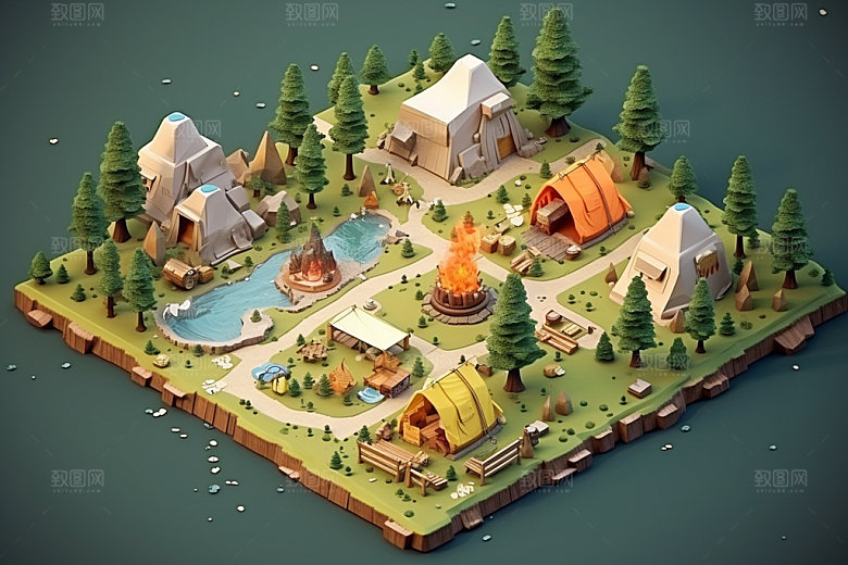 3D游戏地图立体露营模型
