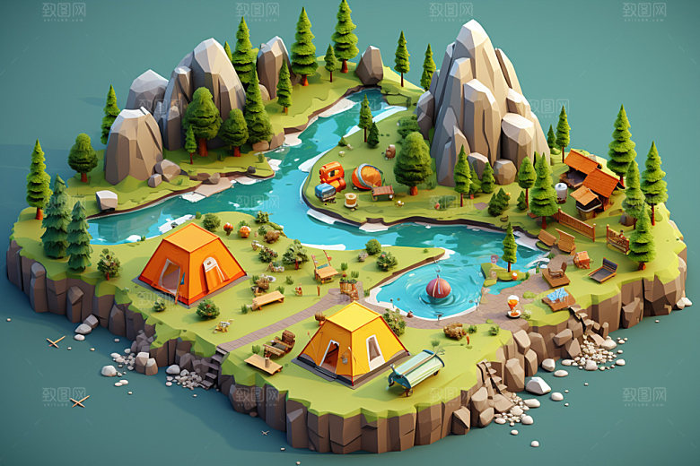 3D游戏地图露营自然模型