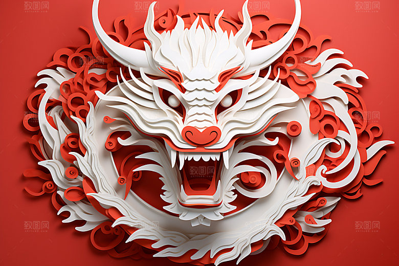 中国龙剪纸立体龙年插图