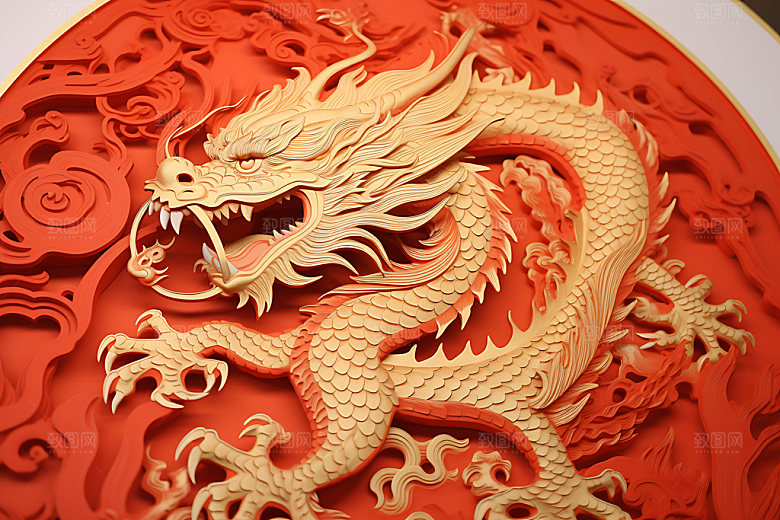 中国龙剪纸雕花立体插图