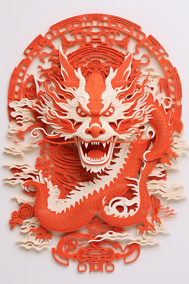 中国龙剪纸雕花立体插图