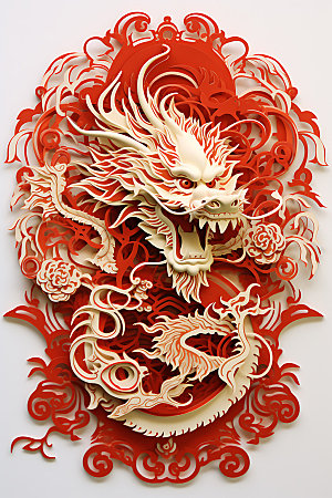 中国龙剪纸立体龙年插图