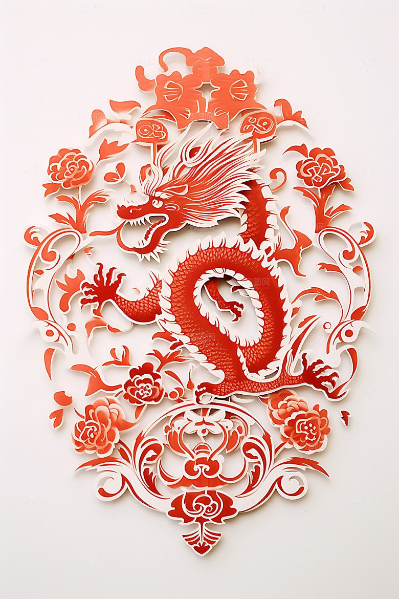 中国龙剪纸立体龙年插图