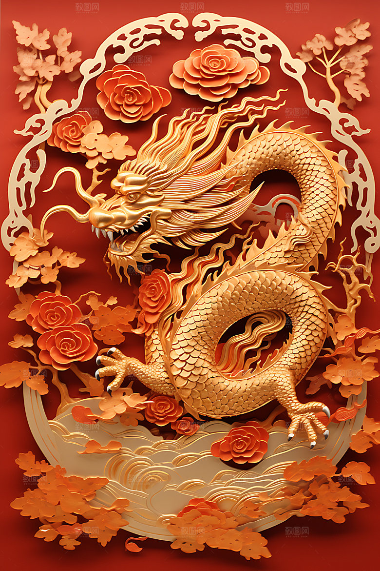 中国龙剪纸雕花喜庆插图