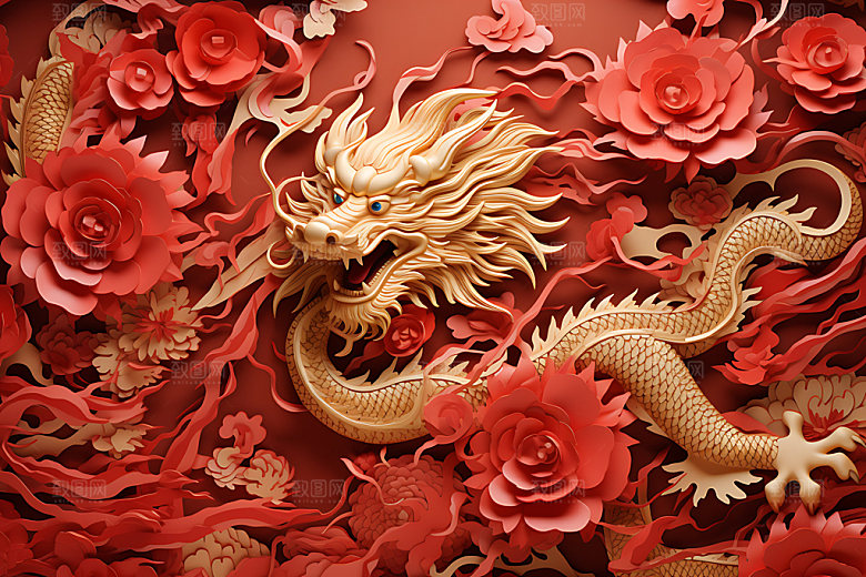 中国龙剪纸精致龙年插图