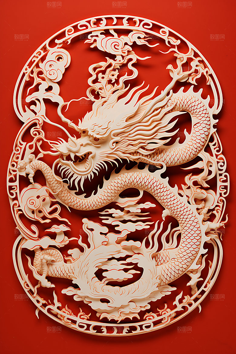 中国龙剪纸立体精致插图
