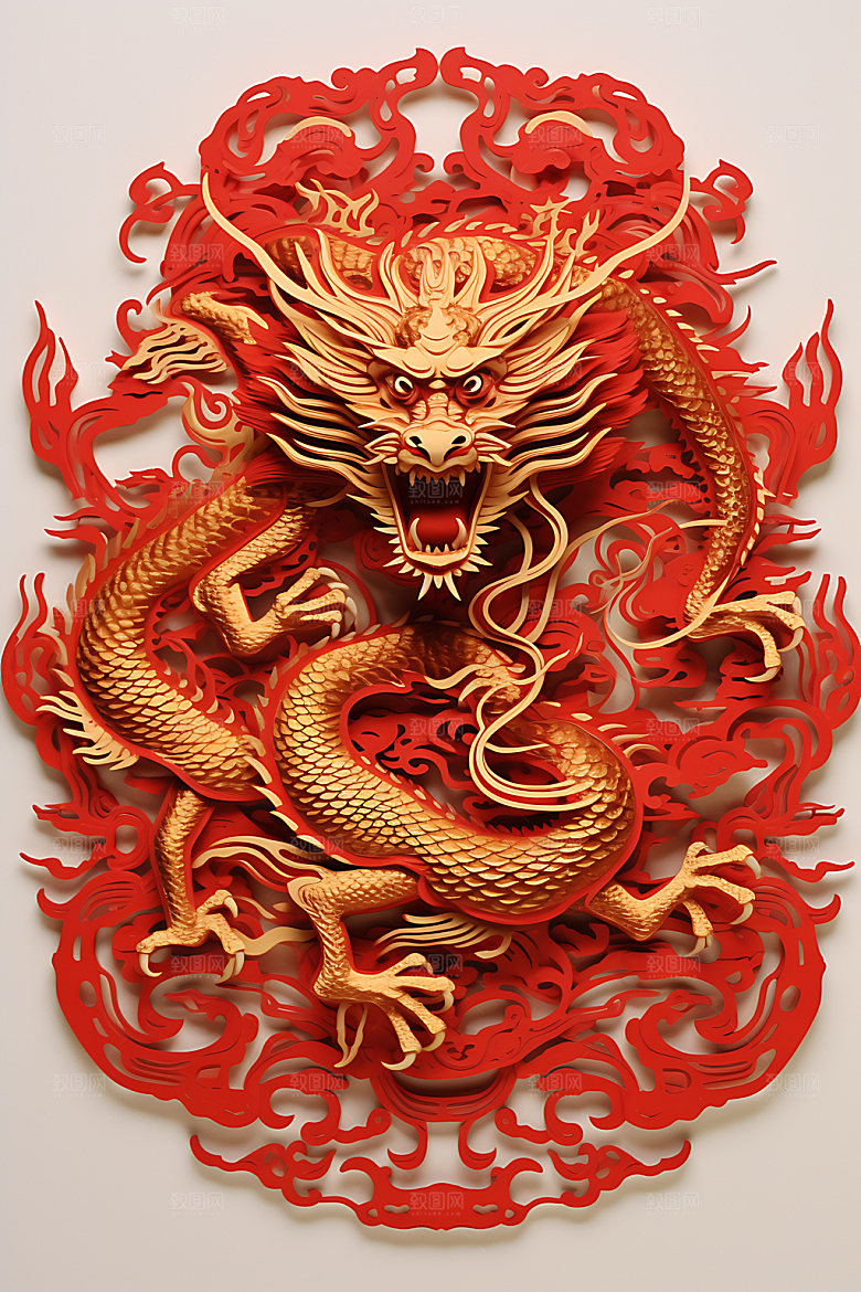 中国龙剪纸立体龙年插图