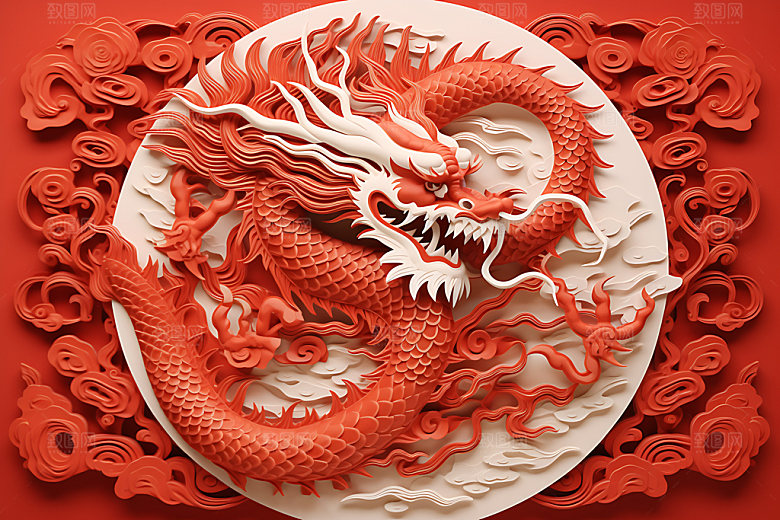 中国龙剪纸生肖龙立体插图