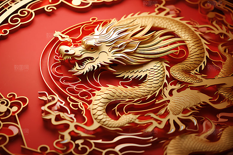 中国龙剪纸立体龙年插图