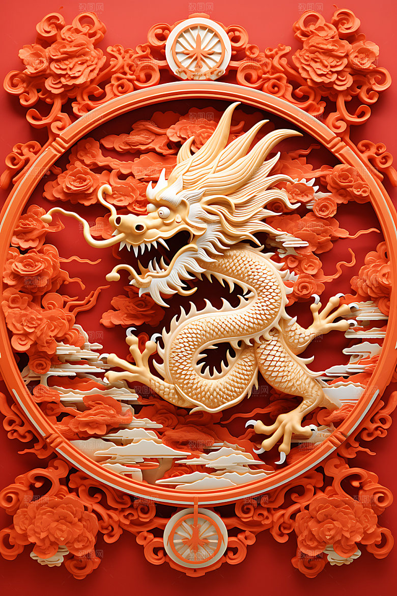 中国龙剪纸雕花立体插图