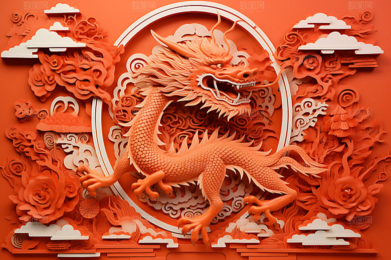 中国龙剪纸龙年精致插图