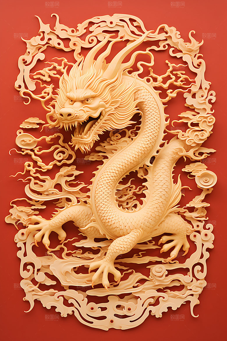 中国龙剪纸十二生肖立体插图
