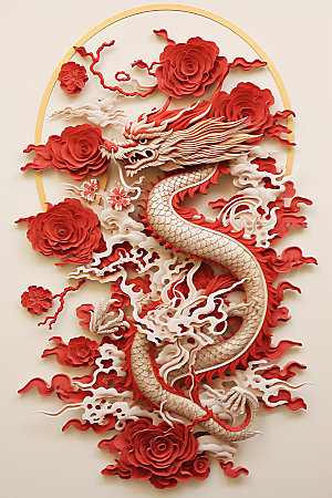中国龙剪纸精致龙年插图