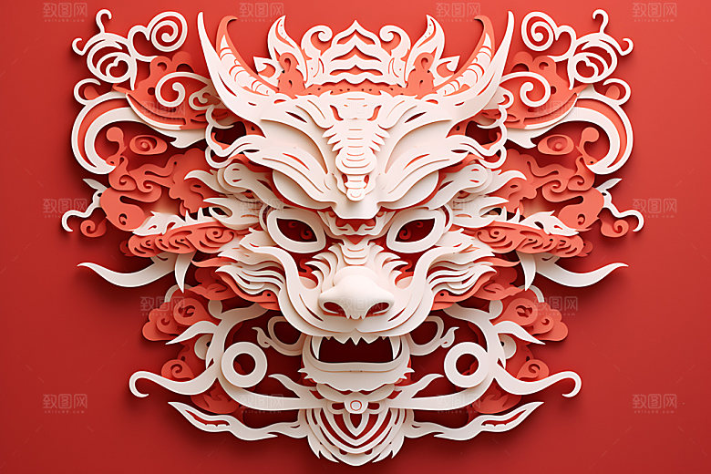 中国龙剪纸立体龙年插图