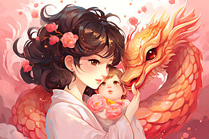 龙和母亲孩子中国风梦幻插画