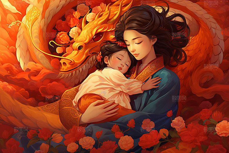 龙和母亲孩子大气艺术插画