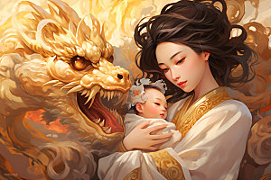 龙和母亲孩子梦幻中国风插画