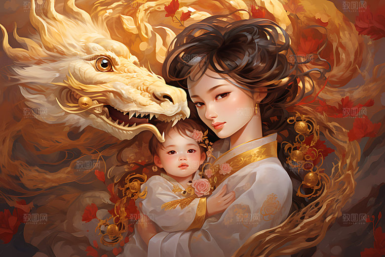 龙和母亲孩子十二生肖大气插画