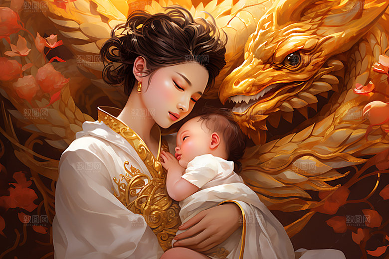 龙和母亲孩子中国风梦幻插画
