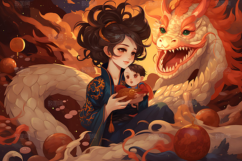 龙和母亲孩子梦幻十二生肖插画