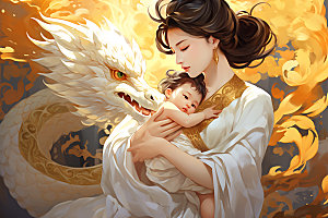 龙和母亲孩子幻想龙年插画