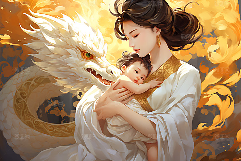 龙和母亲孩子幻想龙年插画
