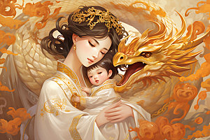 龙和母亲孩子梦幻幻想插画