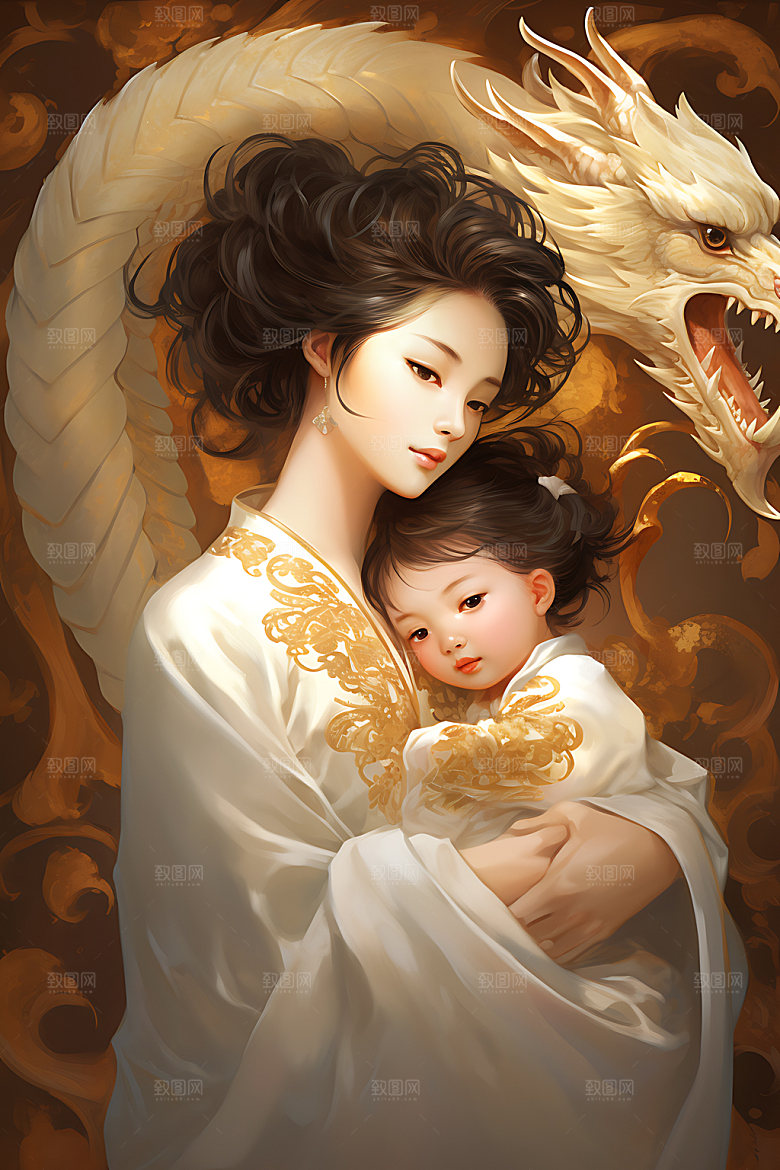 龙和母亲孩子艺术中国风插画