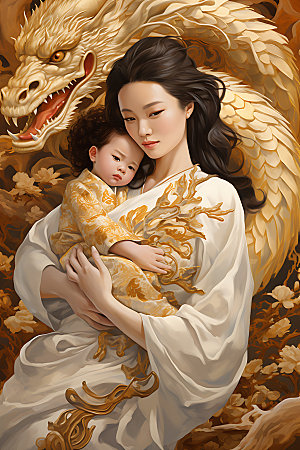 龙和母亲孩子梦幻龙年插画