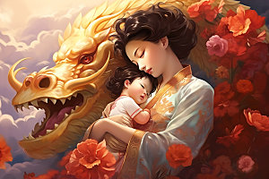龙和母亲孩子中国风十二生肖插画